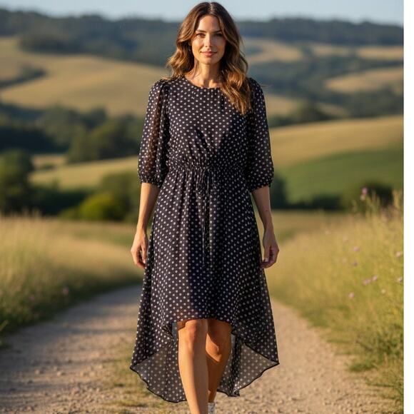 En Focus Studio Dresses & Skirts - En Focus Dress Womens 8 Blue Polka Dot Hi Low Career Casual 3/4 Slit Sleeve